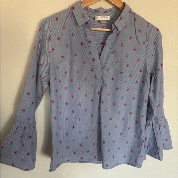 Kenar Blue and White Bell Sleeve Collared Patterned V Neck Blouse. - Picture 1 of 5